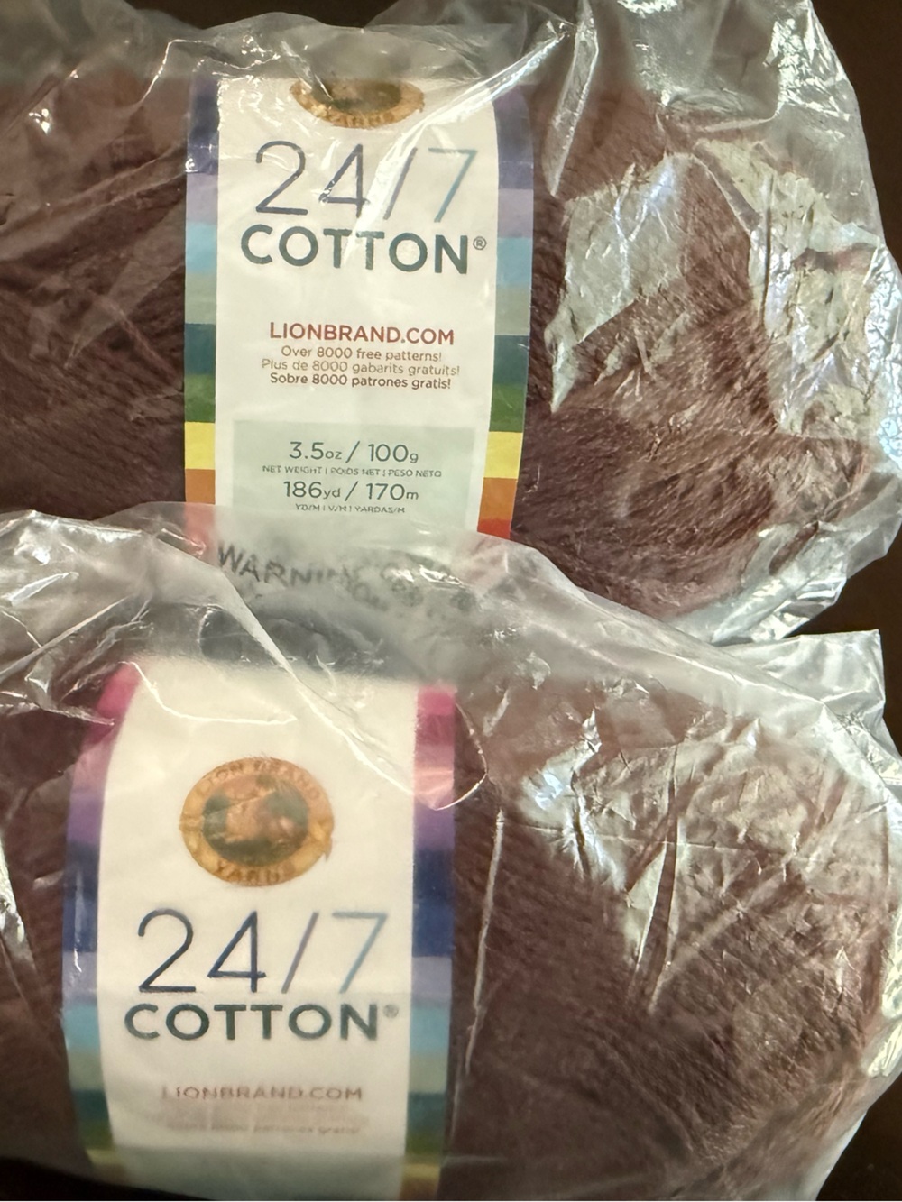 Lion Brand Yarn 24/7 Cotton- 2 Skeins Coffee Beans - Deep Brown